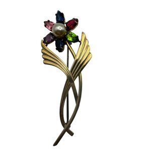 Vintage Symmetalic Sterling and 14K Flower Rhinestone Faux Pearl Brooch